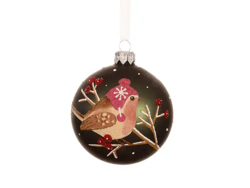 Idée simple：Boule en verre finition mate vert pin avec oiseau sur branche - Ø 8 cm