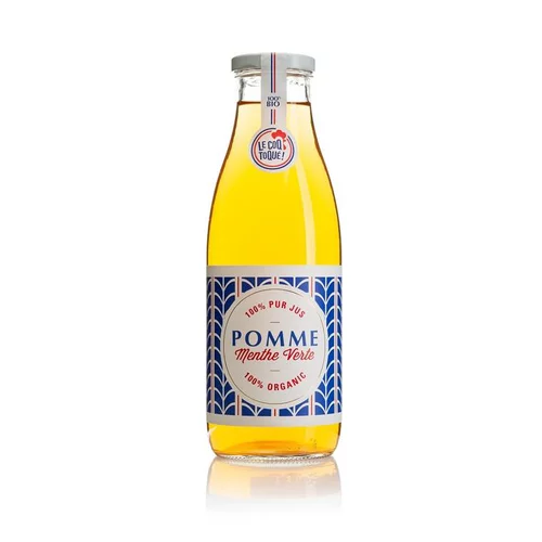 Sélection extérieur：Jus de pomme menthe verte bio. La bouteille de 75 cl