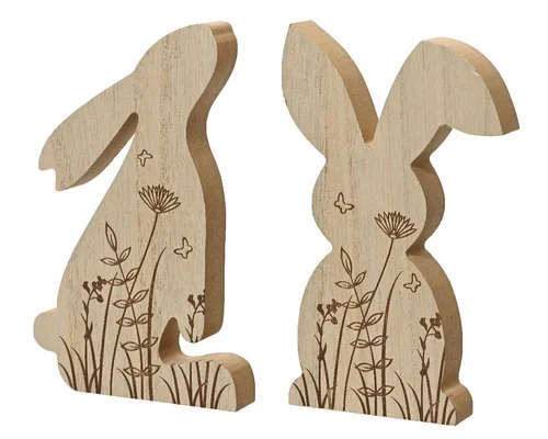 Pour vos moments en extérieur：Lapin décoratif à poser en bois naturel à motif fleurs - 22 x 14 cm