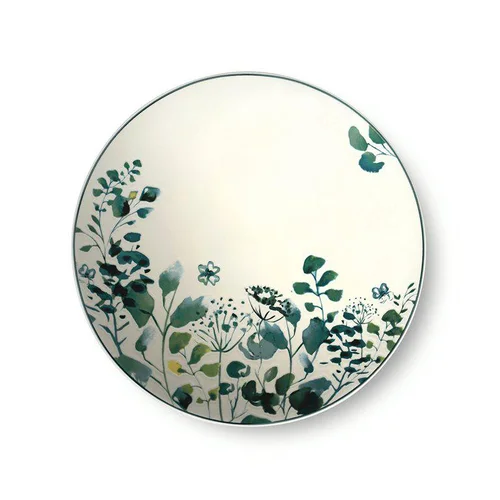 Jardin confort：Assiette à dessert en grès Oxalis coloris blanc motif floral vert - Ø 21 cm
