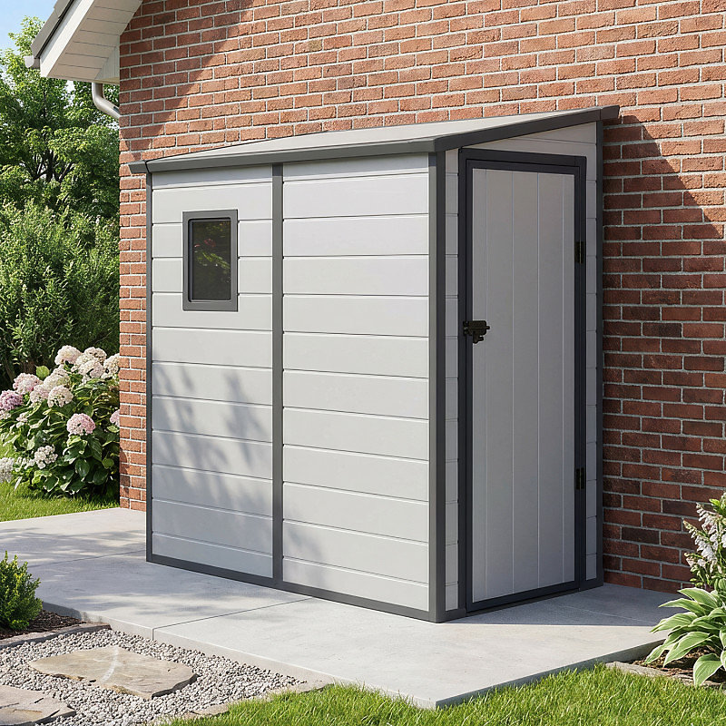 Abri de jardin adossé résine 1 – 64m² porte verrouillable Jôbu | Gris