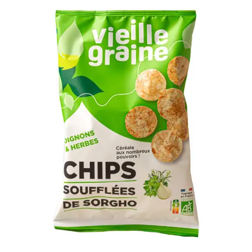 Pour mieux équiper vos extérieurs:Chips soufflées de sorgho oignons et herbes bio Vieille Graine
