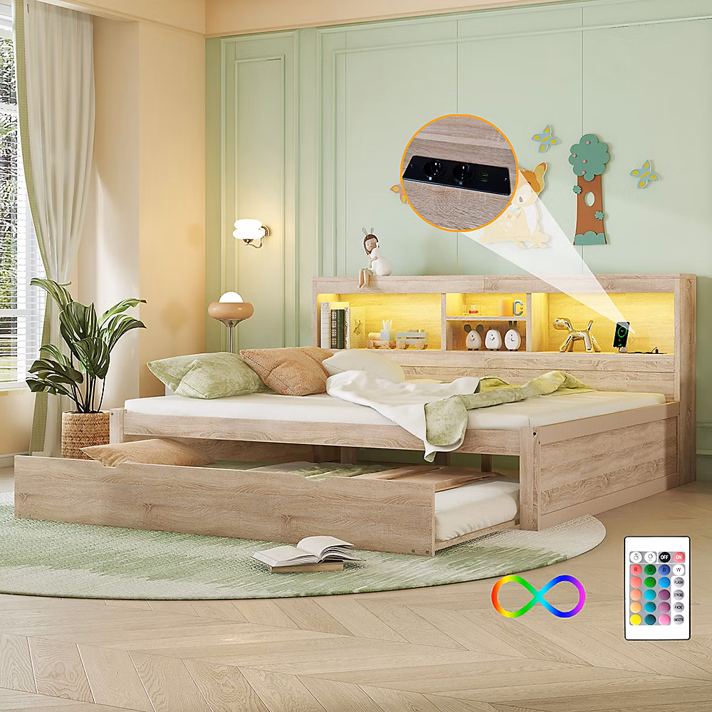 Canapé – lit 140 × 200cm LED télécommandé rangement prise/USB sans matelas naturel