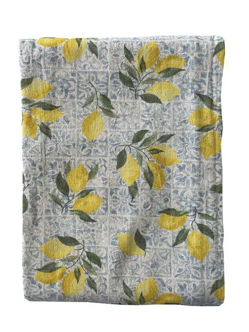 Essentiel pratique：Nappe en coton bleu denim Amalfi avec décor citrons jaunes - 150 x 250 cm