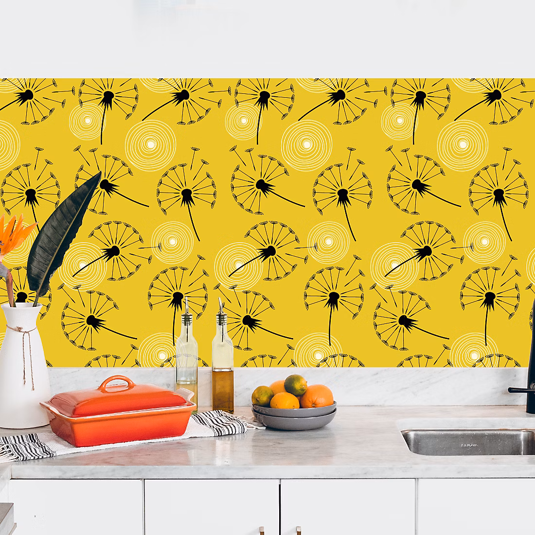 Crédence adhésive pissenlit fond jaune 40 × 200 cm