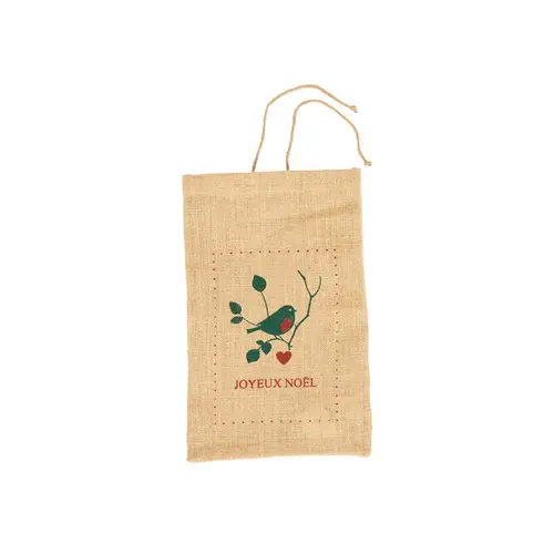 À découvrir pour l’extérieur：Pochette cadeau en jute décor oiseau vert et rouge - 25 x 40 cm