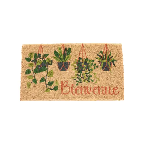 Pour mieux aménager vos extérieurs：Paillasson en fibre de coco motif plantes vertes en pot Bienvenue - 72 x 40 cm