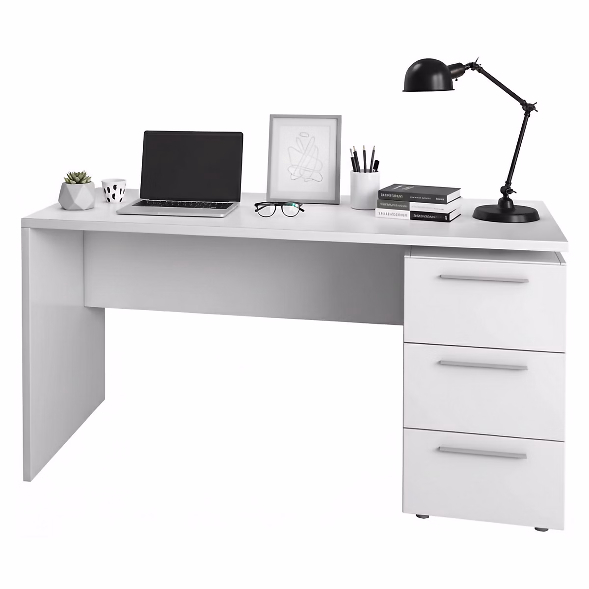 Bureau Alimet – Bureau moderne, Table d'étude avec commode avec 2 tiroirs et 1 porte, 138x60h74 cm, Blanc