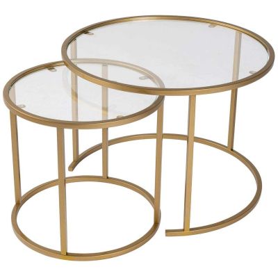 Ensemble de 2 tables gigognes rondes en métal et verre Aurum (Doré verre transparent)