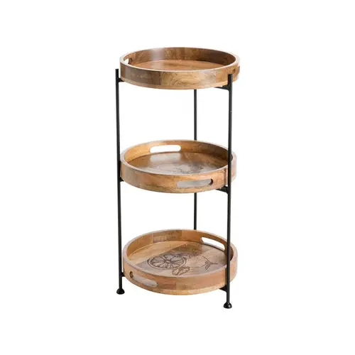 Pour un jardin plus agréable:Étagère pliable en métal avec trois plateaux amovibles en manguier naturel - Ø 38 x H 72 cm