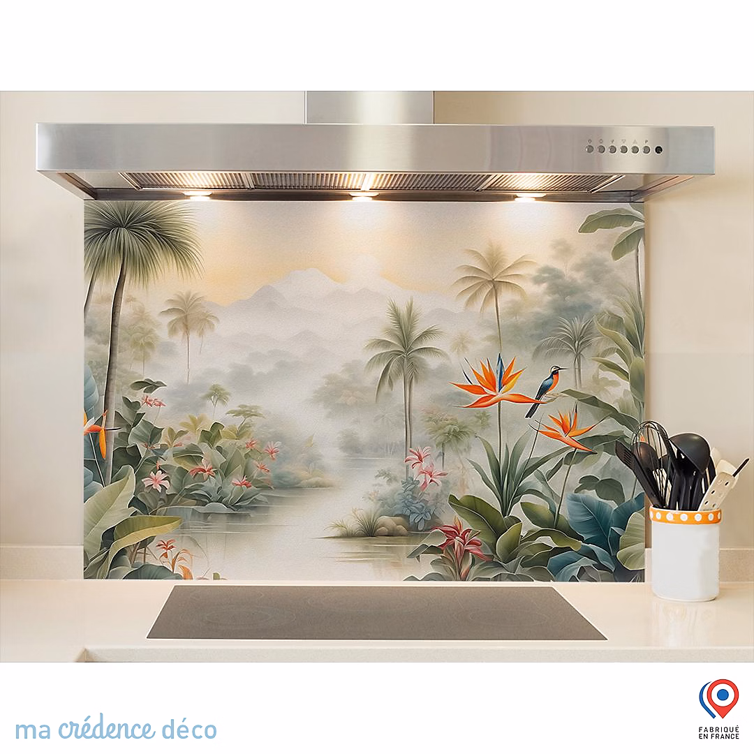 Crédence cuisine fond de hotte Jungle tropicale colorée – Verre trempé | L 60 cm x H 45 cm | MaCrédenceDéco