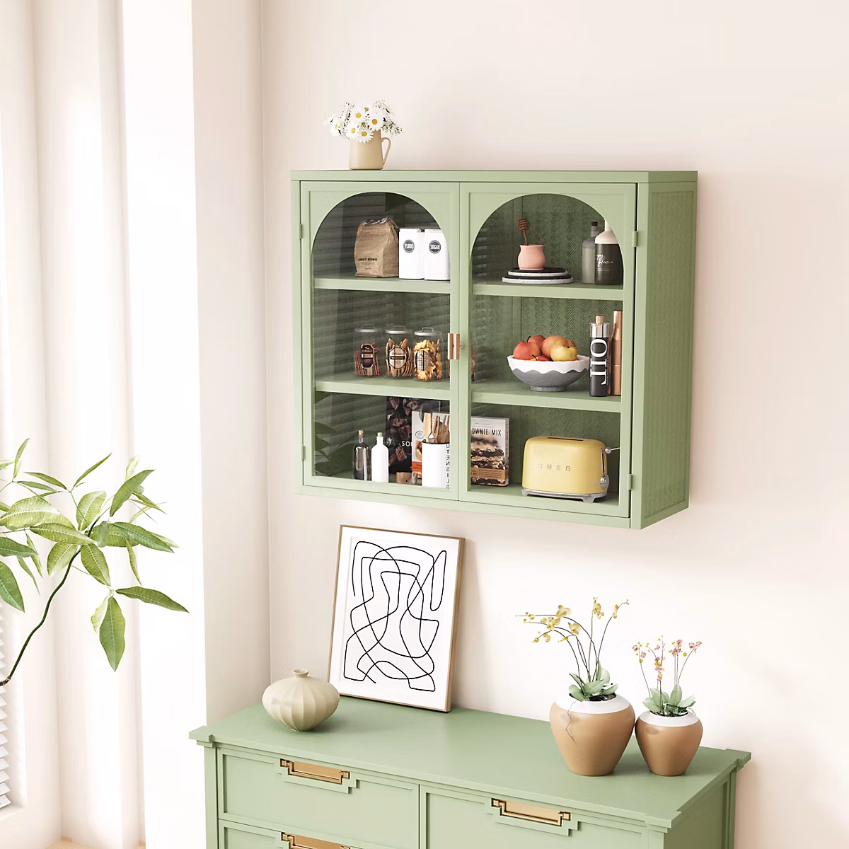 Armoire Murale | Armoire Murale en Verre avec 2 Portes pour Salon et Salle de Bain – Métal Vert – 70 × 23 × 60 cm