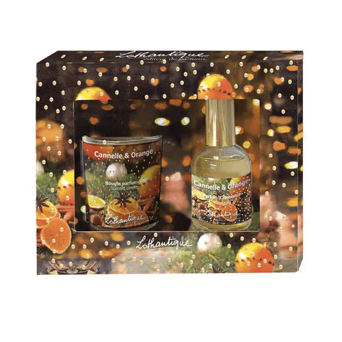 Au service de vos extérieurs：Coffret cadeau parfumé cannelle-orange Senteur et Lumière - bougie 75 g + vaporisateur 50 ml