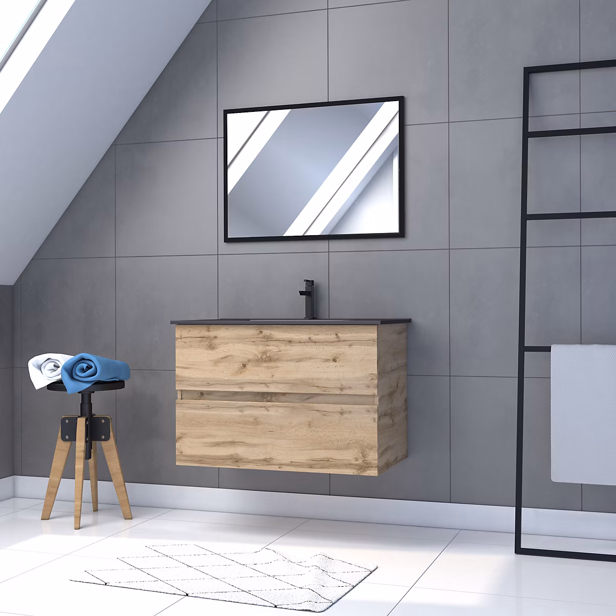 Meuble sous vasque suspendu 80 cm effet chêne industriel avec plan vasque noir et miroir – Galedo Timber