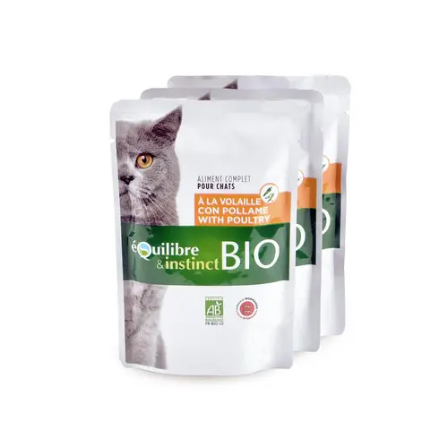 Une touche extérieure：Aliment humide bio pour chat adulte volaille/légumes en sachet Equilibre & Instinct - 100 g