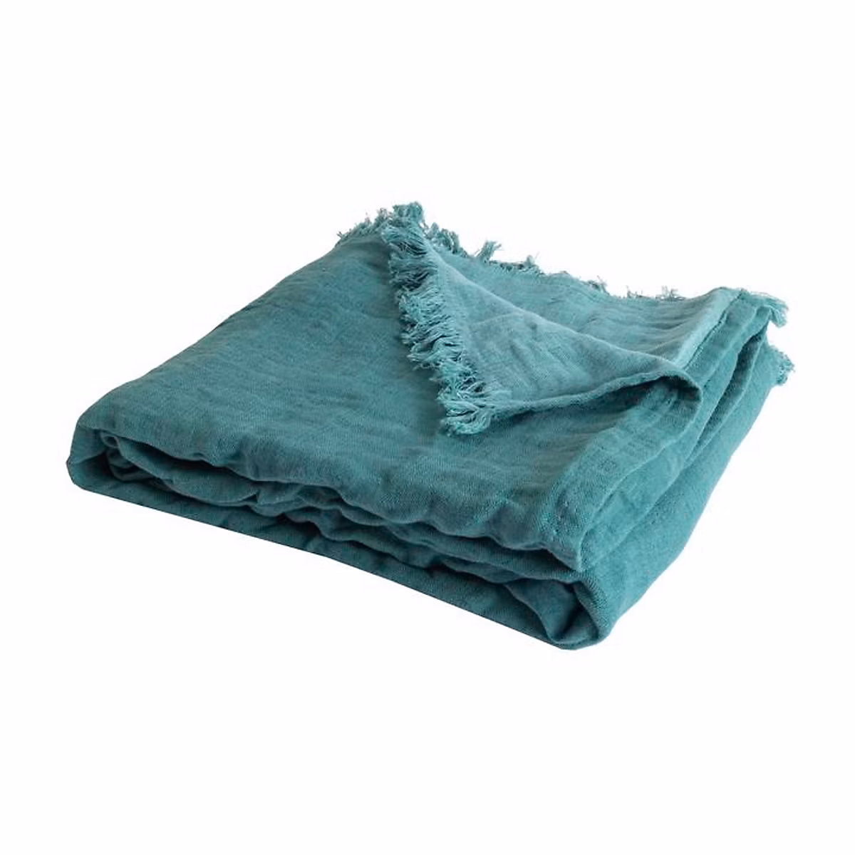 Couverture plaid 100% coton bleu turquoise avec franges 130 × 170cm BITALD – SACASA