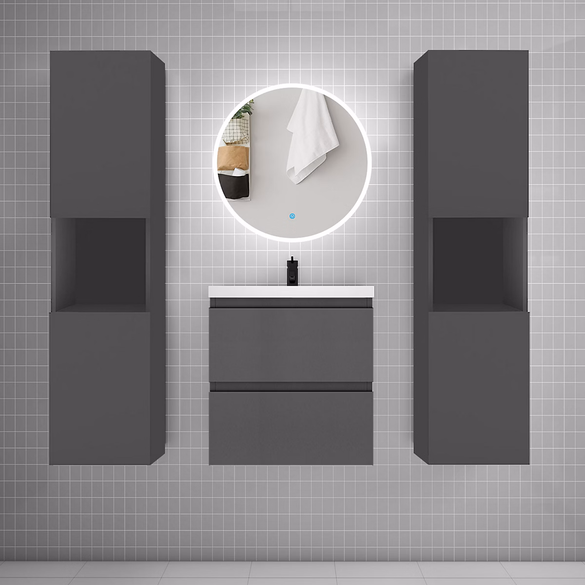 Ensemble meuble vasque L.50cm 2 tiroirs + lavabo + LED miroir rond 60cm + 2 colonne – anthracite A
