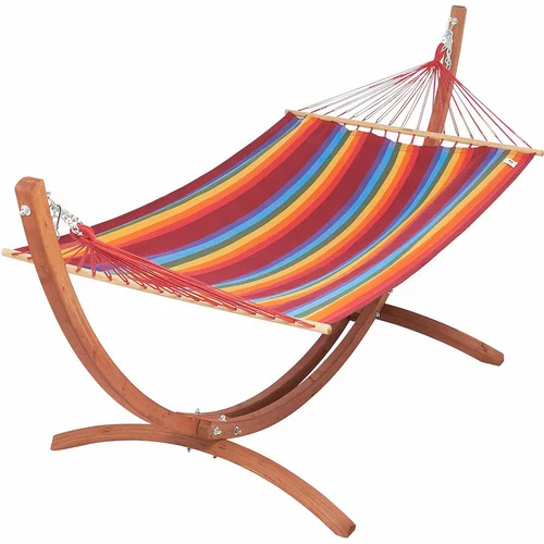 Bien pratique au jardin：Set support et hamac EsKapade coloris multicolore Fortaleza en bois et polypropylène Jobek Hamacs - 323 x 125 x 128 cm