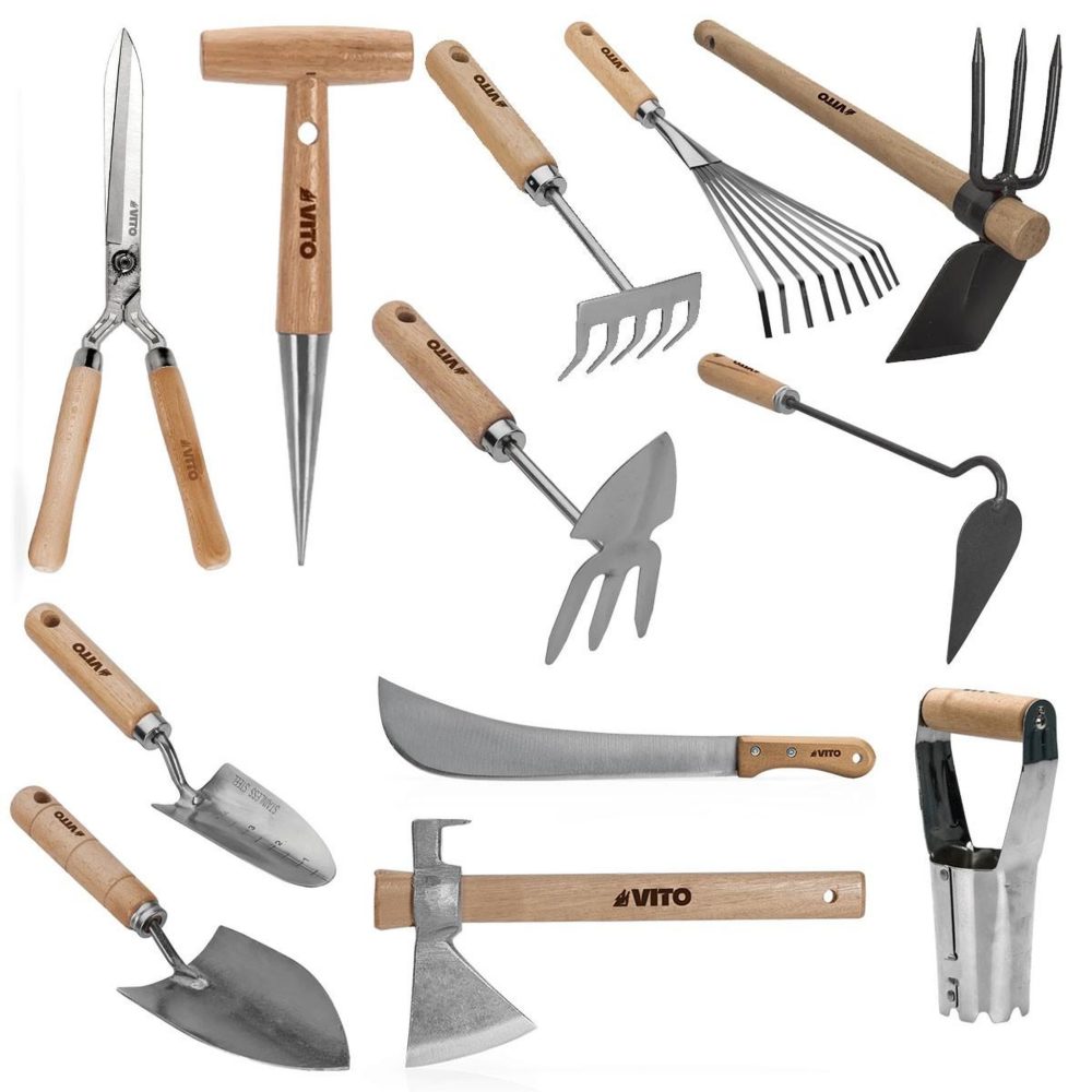 VITO Kit 12 outils de jardin manche bois inox et fer forgés à la main haute qualité traditionnelle vito
