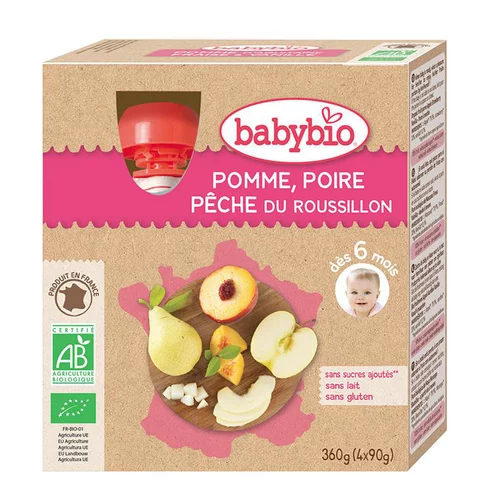 Une touche extérieure：Gourdes Pomme Poire Pêche bio dès 6 mois - 4 x 90 gr