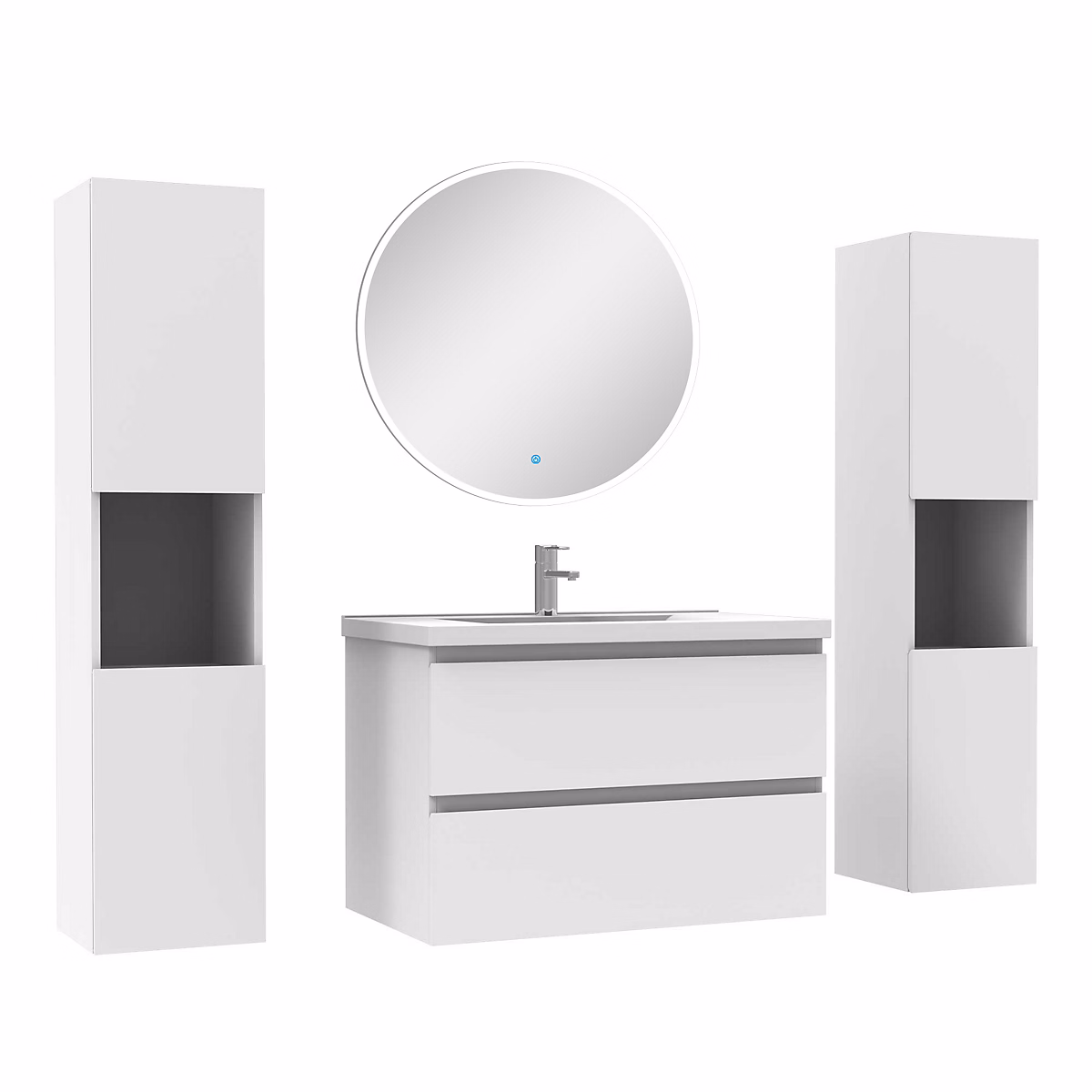 Ensemble meubles Salle de Bain avec colonne et miroir rond mural 80cm meuble blanc – Réf. OXMQXJSIO4765988121