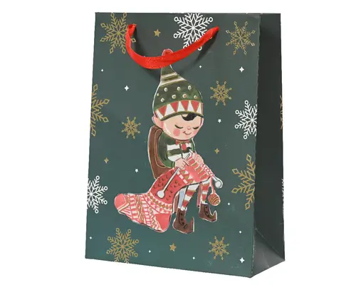 Extérieur solution:Sac cadeau en papier métallisé vert décor elfe grand modèle - 12 x 30 x 42 cm