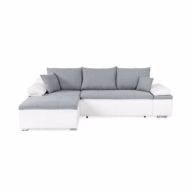 Canapé d'angle réversible convertible 3 places+Coffre – Simili blanc et tissu gris, CELINA, L 274 x P 184 cm, Fabriqué en