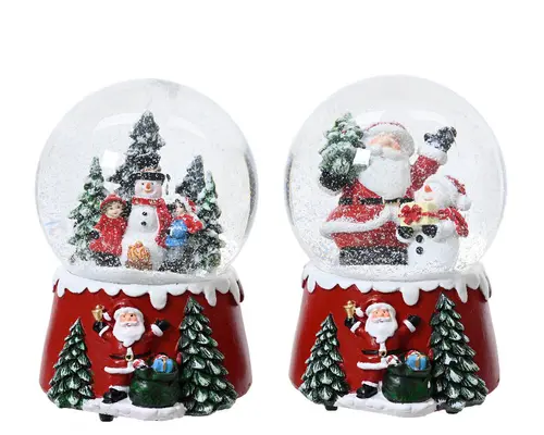 Déco au jardin：Boule à neige musicale en polyrésine rouge avec scène de Noël - Ø 10 x H 14,5 cm