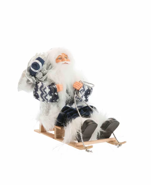 Pour un extérieur plus agréable：Père Noël en tissu bleu à motifs blancs sur luge et hotte - 30 cm