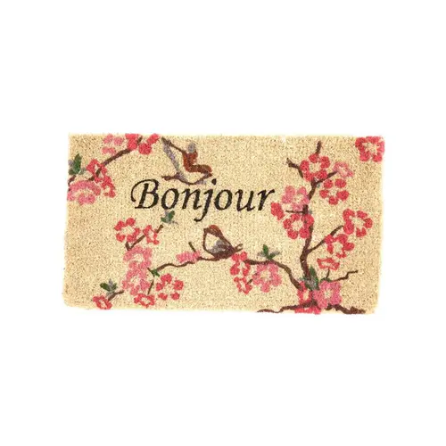 Le compagnon de vos extérieurs:Paillasson en fibre de coco Bonjour avec branche de cerisier rose - 72 x 40 cm