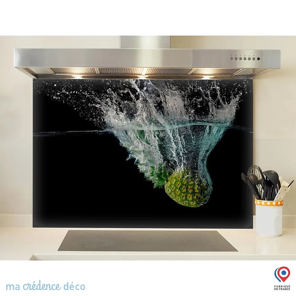 Crédence cuisine fond de hotte Bain et ananas – Verre trempé, L 60 cm x H 45 cm, MaCrédenceDéco