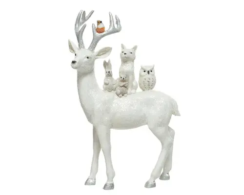 Le choix pour le jardin:Cerf en polyrésine blanche à paillettes avec petits animaux - 8 x 16 x 25,5 cm