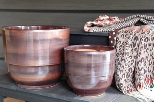 Extérieur adapté：Vase en terre cuite émaillée marron Châtaigne Les Poteries d’Albi Rebord - Ø 21 x H 19 cm