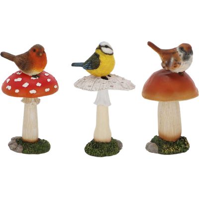 Champignons assortis avec oiseau en polyrésine (Lot de 3) (Taille L)