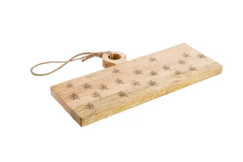 Jardin et loisirs:Planche rectangulaire en bois de manguier naturel avec décor abeilles - 38 x 20 x 3 cm