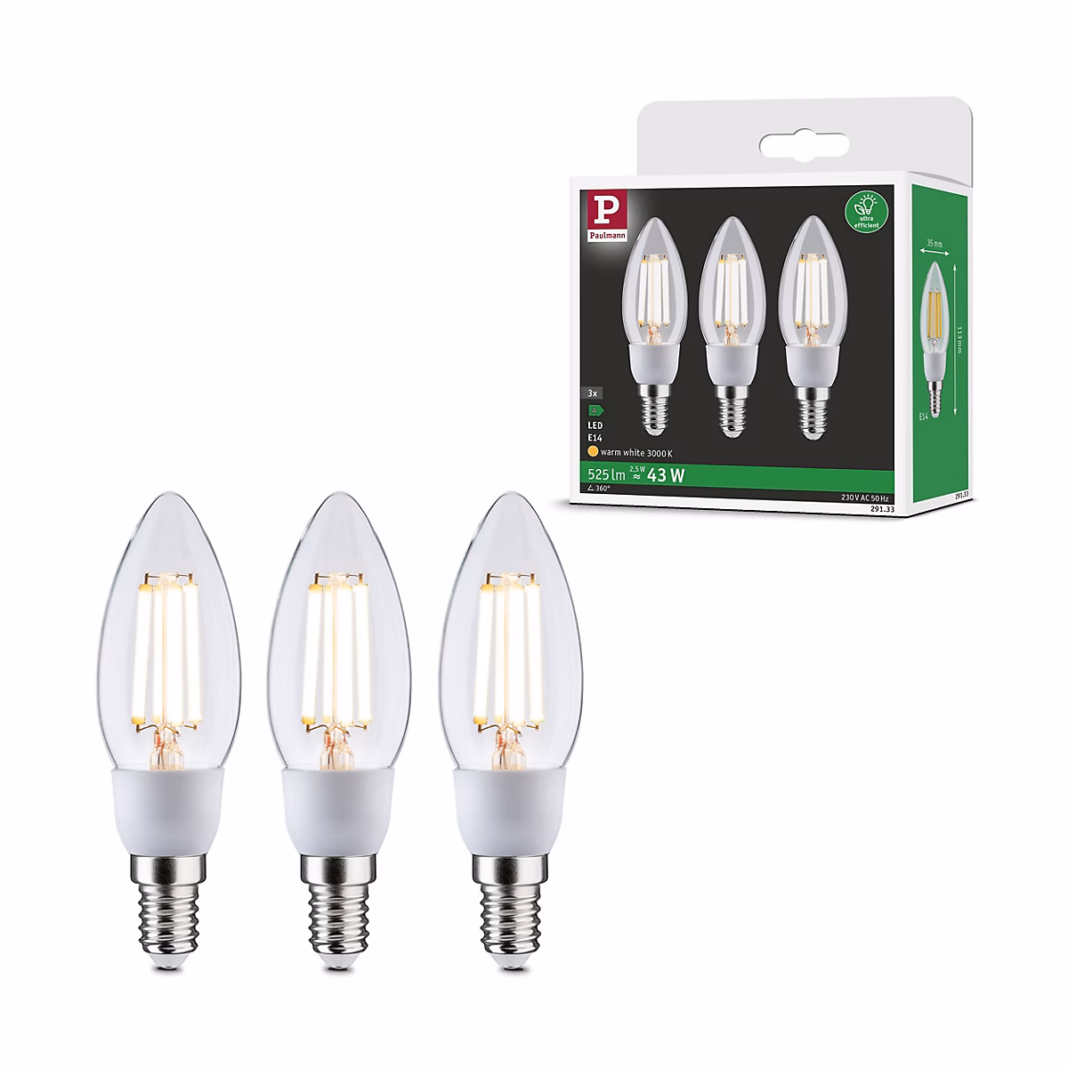 Efficient-Line Filament 230 V Bougie LED E14 3 × 525lm 3 × 2 – 5W 3000K Clair