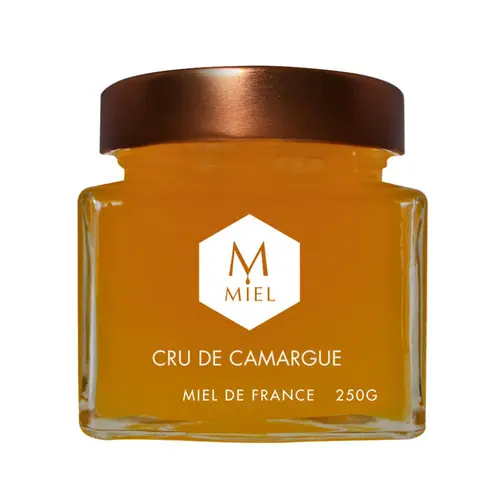 Un indispensable au jardin:Miel cru de Camargue dans un pot en verre Hexagone - 250 g