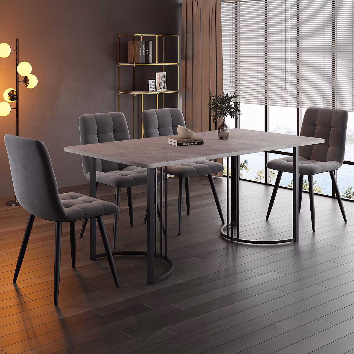 Ensemble table et chaises 140 × 80 × 75 cm avec 4 chaises assise rembourrée velours – table MDF effet marbre