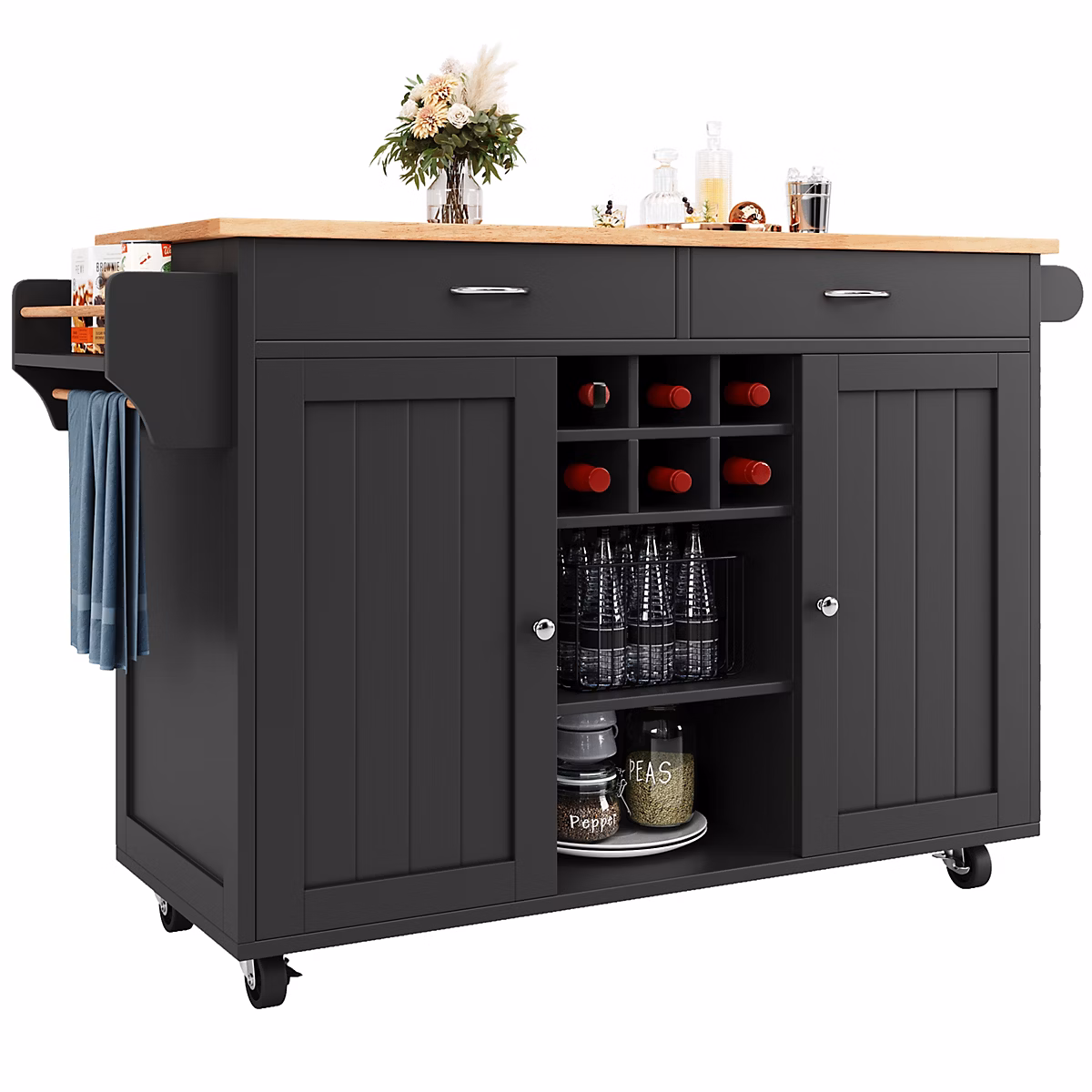 Buffet Cuisine Noir Et Bois 102 Cm | Îlot Et Table Avec Rangement – Multifonction Pratique