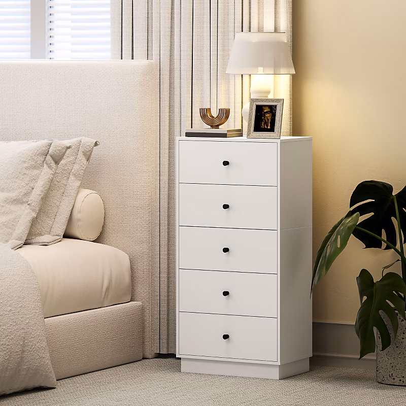 Meuble – Commode blanche avec 5 tiroirs et poignées noires