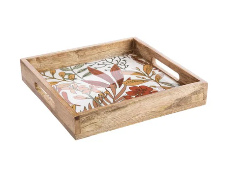 Simple dehors:Plateau carré décor floral coloris marron en bois de manguier - 30 x 30 x 6 cm