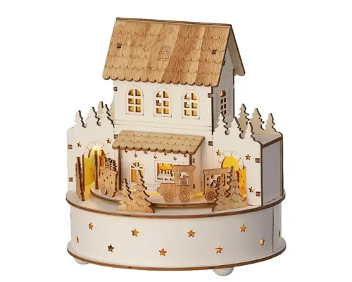 Jardin chez vous：Village animé lumineux rond en contreplaqué avec maisonnette à 5 LED blanc chaud Dicken’s - Ø 17,5 x H 19,5 cm