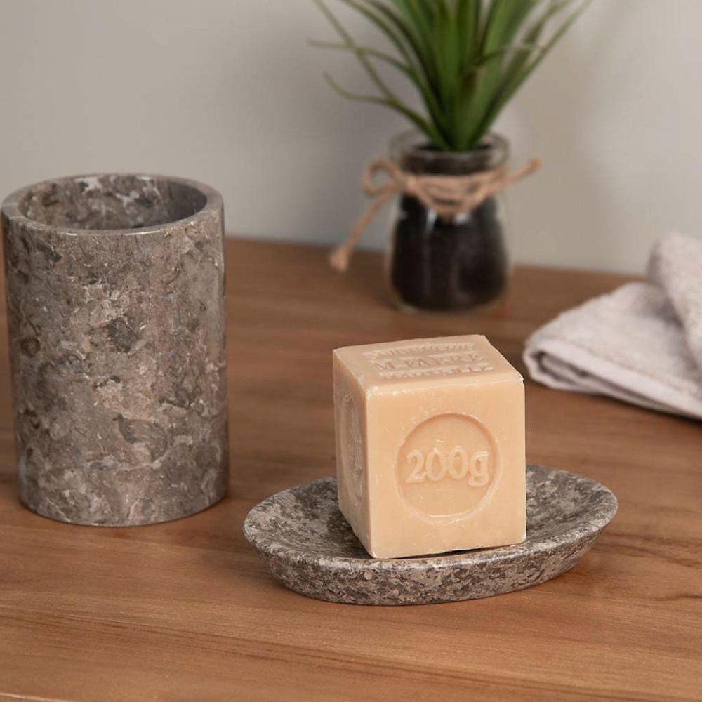 Accessoires de salle de bains – Ensemble gobelet porte savon en marbre gris