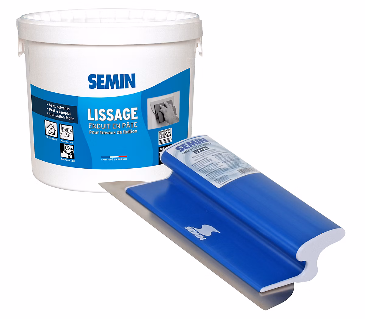 Enduit de Lissage en Pâte pour Murs et Plafonds Semin – Intérieur, Seau de 1,5 kg et 1 Lame pour Lisser, 25 cm