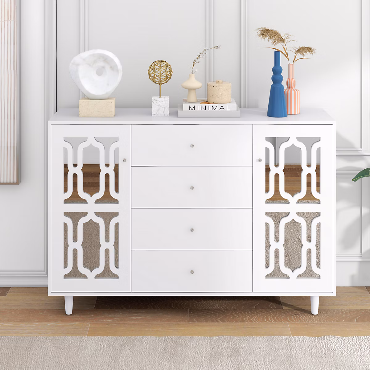 Buffet 147.5 × 40 × 102cm – avec 2 portes et 4 tiroirs, porte avec verre pour salon, salle à manger, blanc