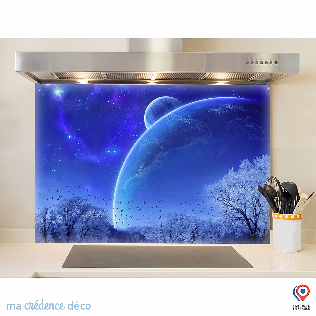 Crédence cuisine fond de hotte Ciel bleu d'hiver – Verre trempé, L 90 cm x H 50 cm, MaCrédenceDéco
