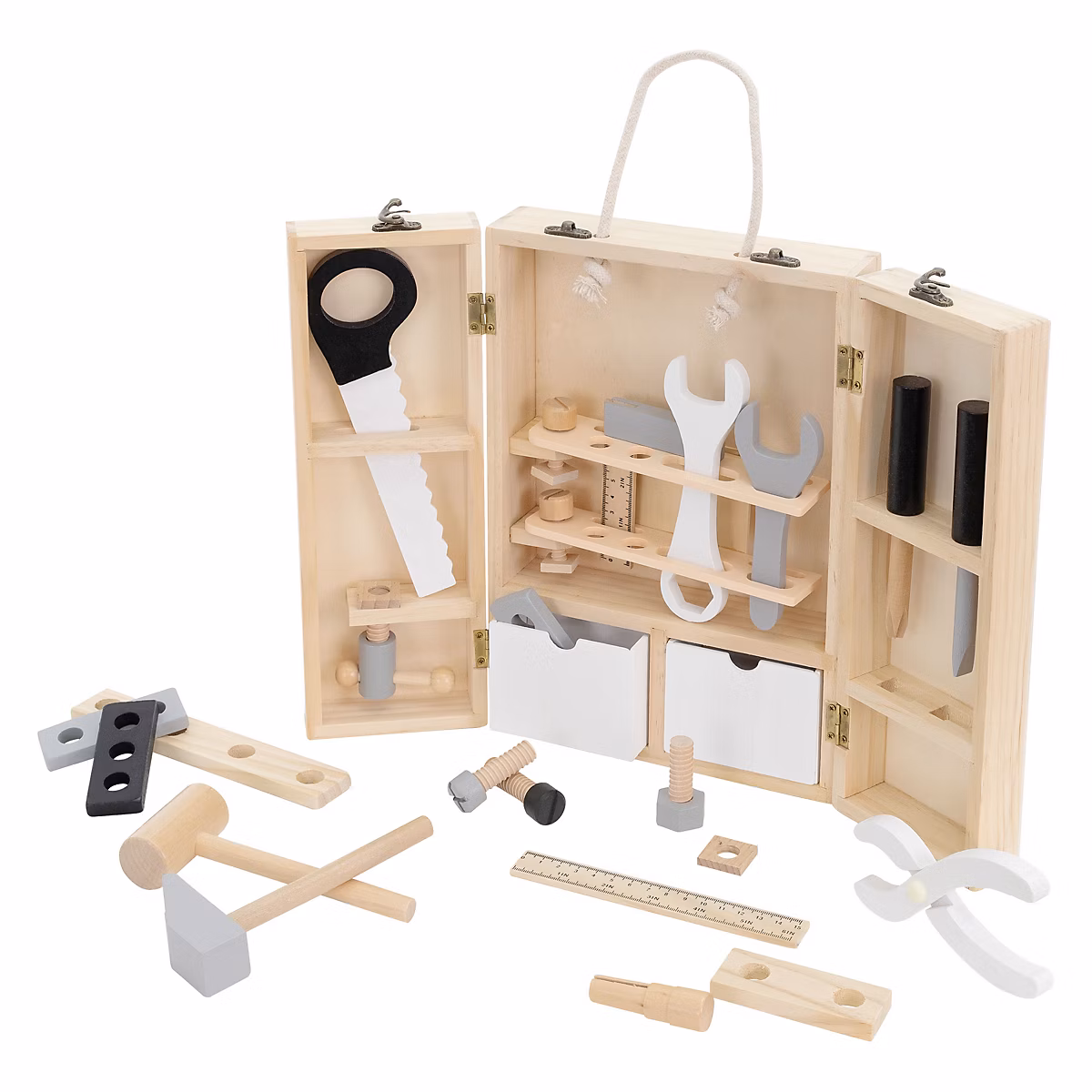 Boîte à outils pour enfants multifonctionnel 21 × 30 × 8 cm en bois naturel coins arrondis 2 ans plus