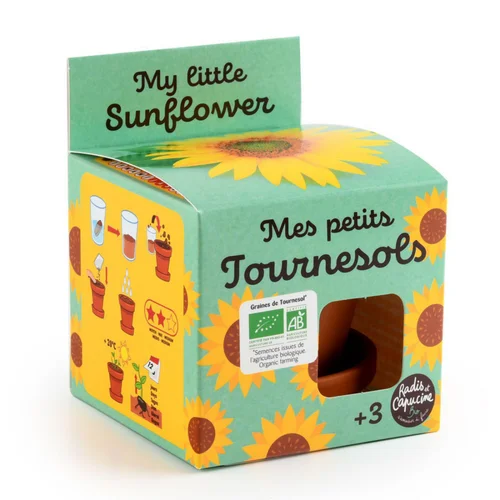 Déco jardin：Kit prêt à pousser avec pot et coupelle Radis & Capucine Mes petits Tournesols bio – Ø 8 cm