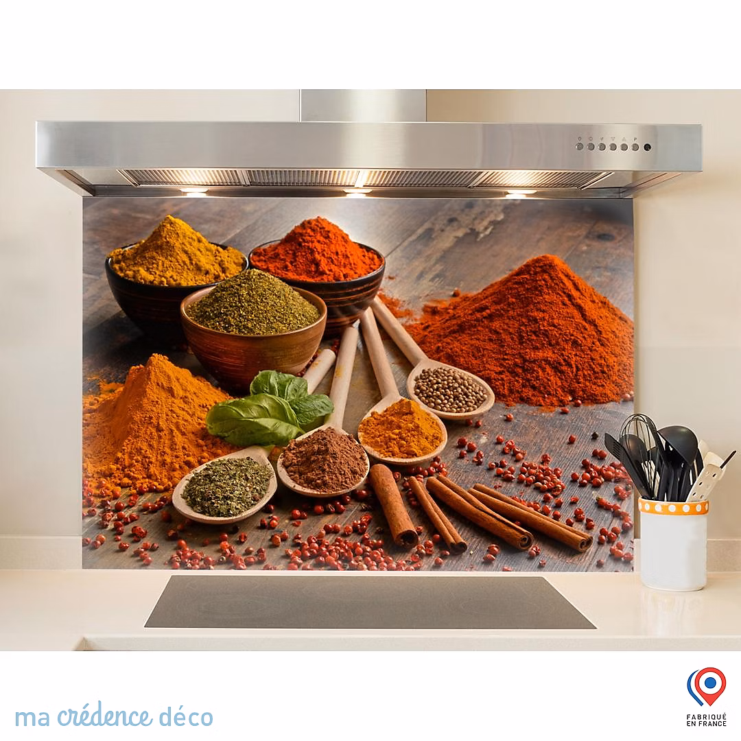 Crédence cuisine fond de hotte Epices colorées – Verre trempé, L 60 cm x H 45 cm, MaCrédenceDéco