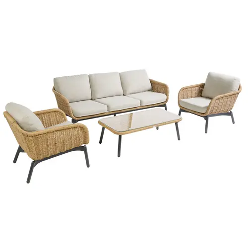 Pour votre confort en extérieur：Salon de jardin en aluminium coloris marron Aralia - 4 éléments (canapé, table basse et deux fauteuils)